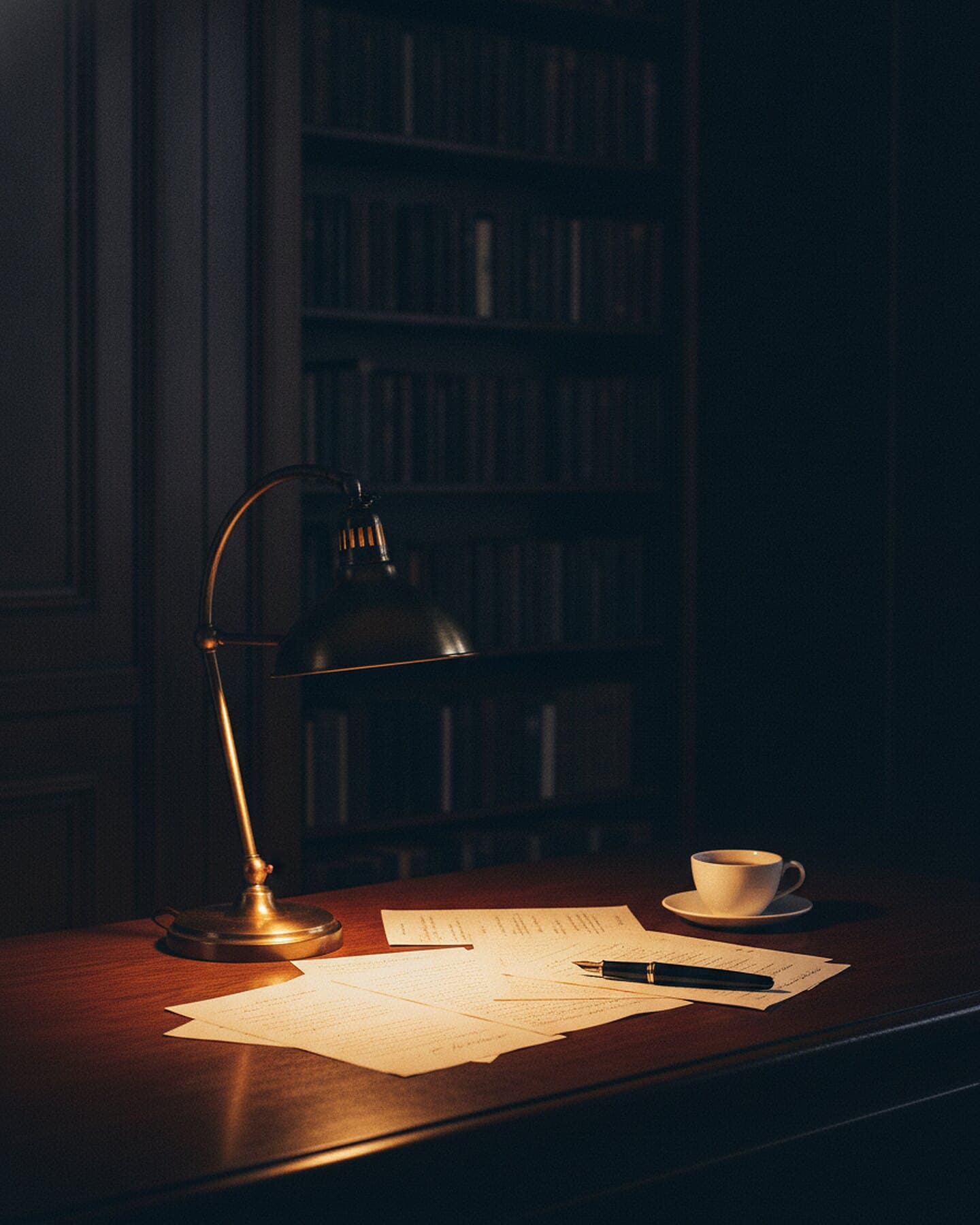 Dunkler Holztisch mit lose ausgebreiteten Papierbögen, einer Tasse und einem Füllfederhalter im Licht einer Messinglampe