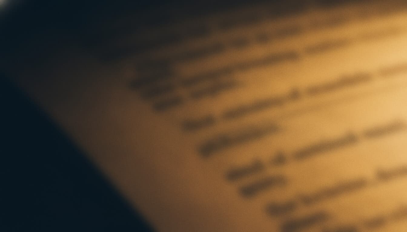 Unscharfe Nahaufnahme einer beschriebenen Seite im Lampenlicht — die Zeilen sind nicht zu entziffern