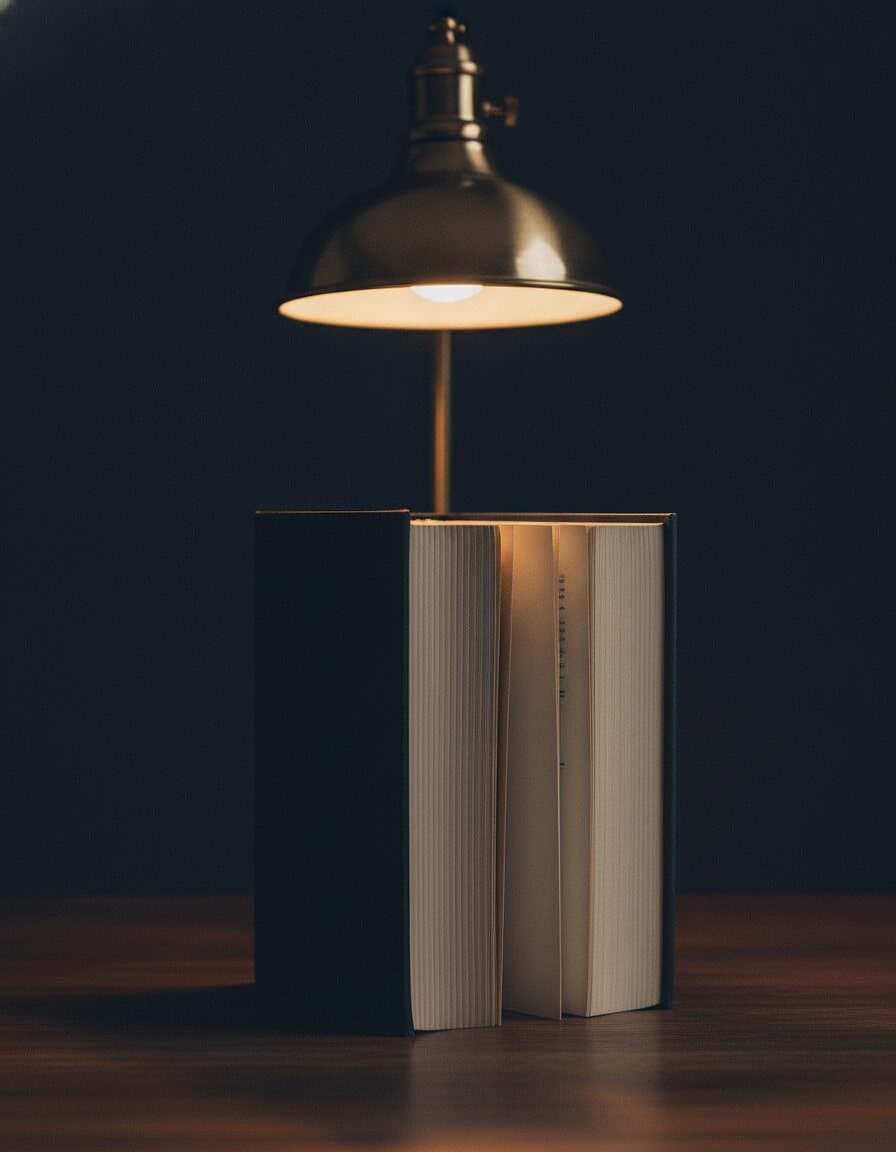 Aufgeschlagenes Buch, aufgestellt unter einer Messinglampe im dunklen Raum