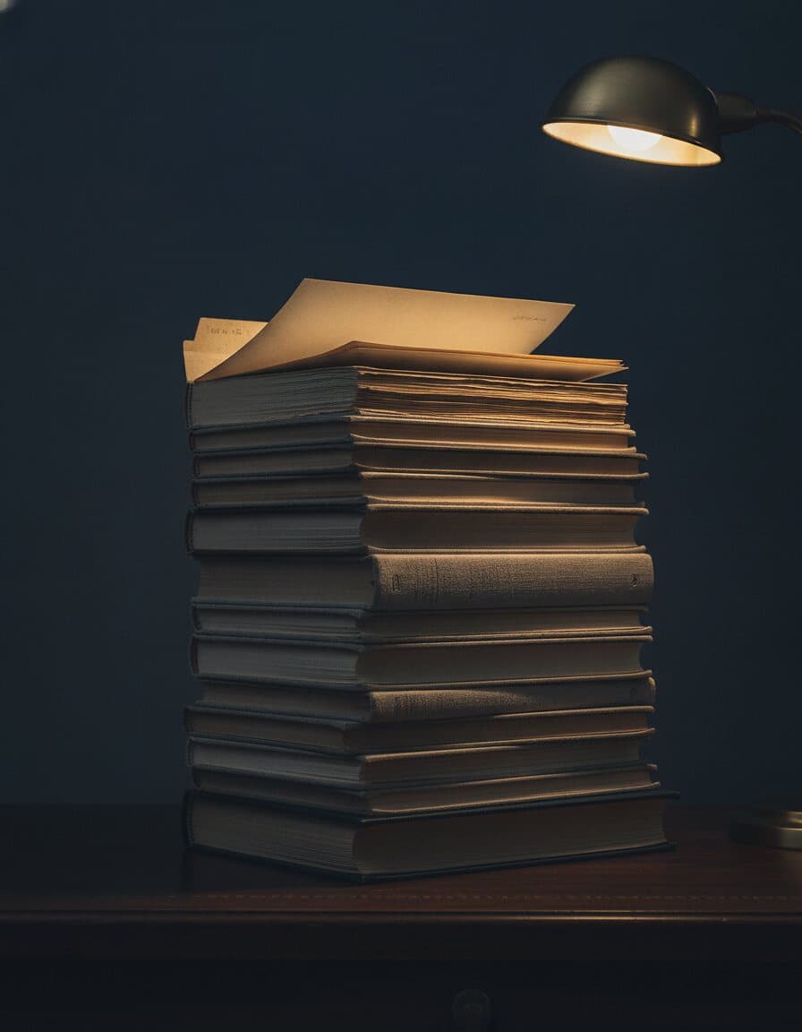 Hoher Stapel gebundener Bücher auf einem Tisch unter warmem Lampenlicht