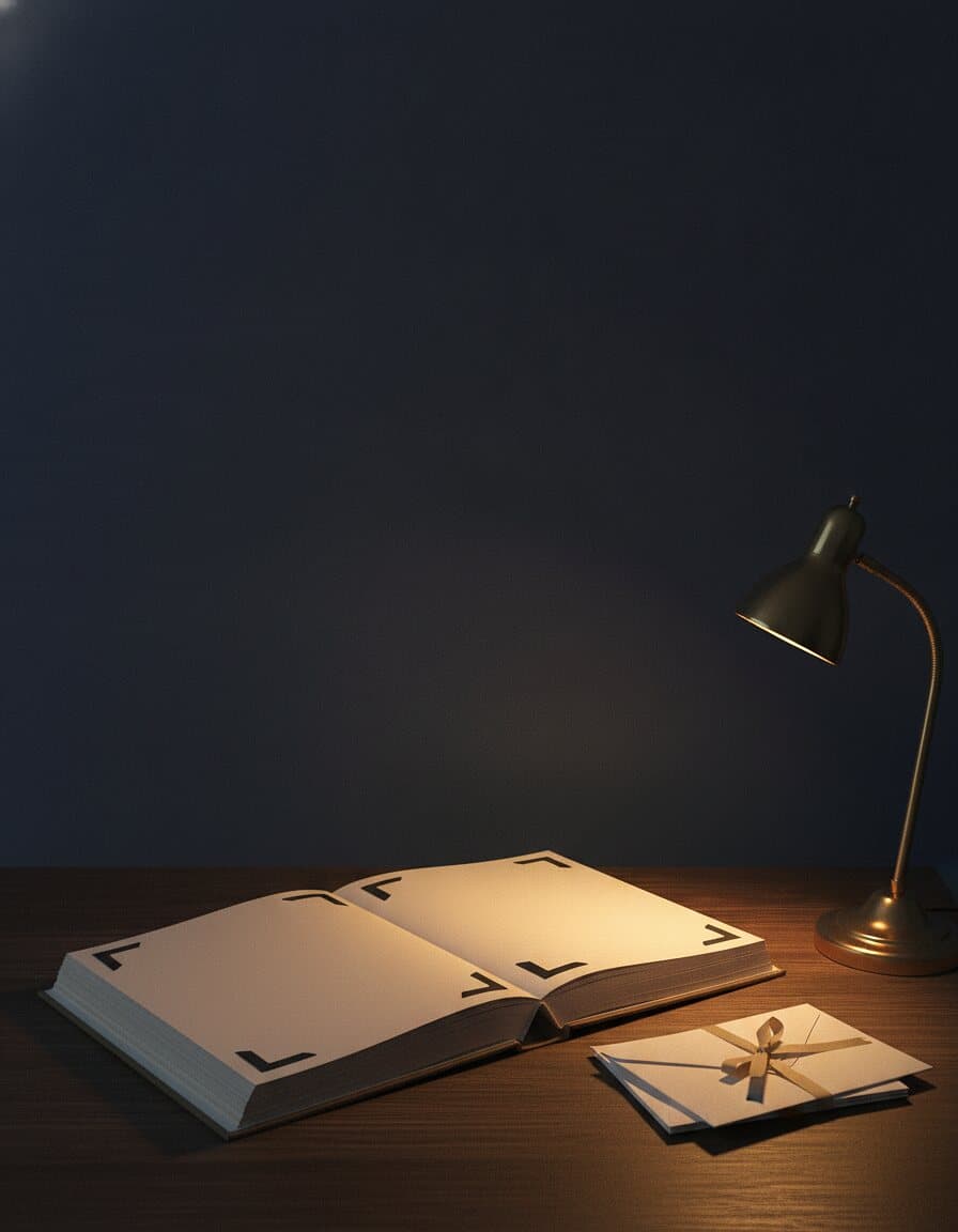 Offenes Buch mit eingelegten Erinnerungsstücken und verschnürtem Briefbündel auf einem Schreibtisch
