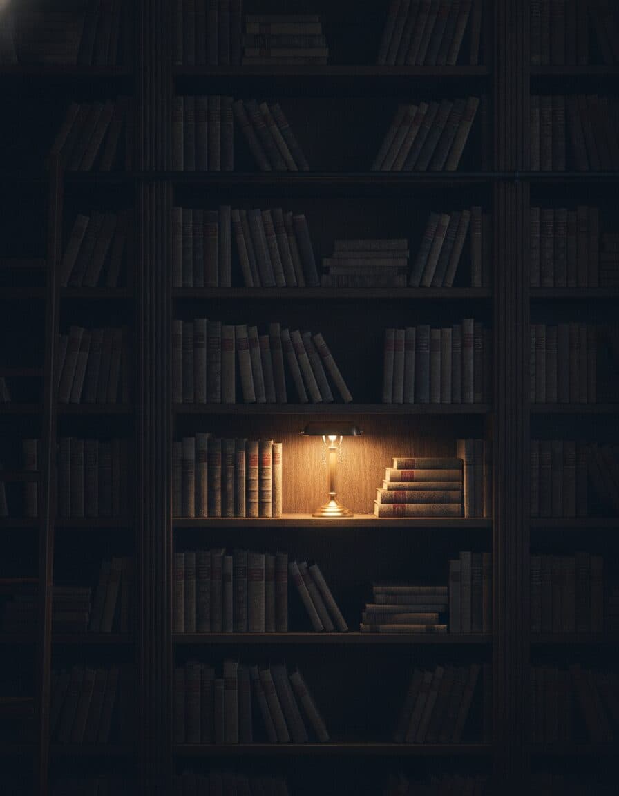 Bücherwand mit einer kleinen Leuchte, die eine Reihe gebundener Bände anstrahlt