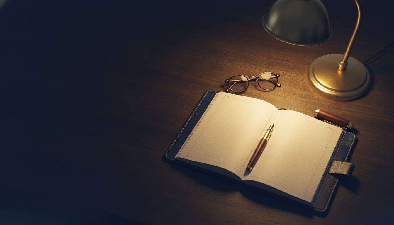 Aufgeschlagenes Notizbuch mit Stift und Brille auf einem Schreibtisch im Lampenlicht